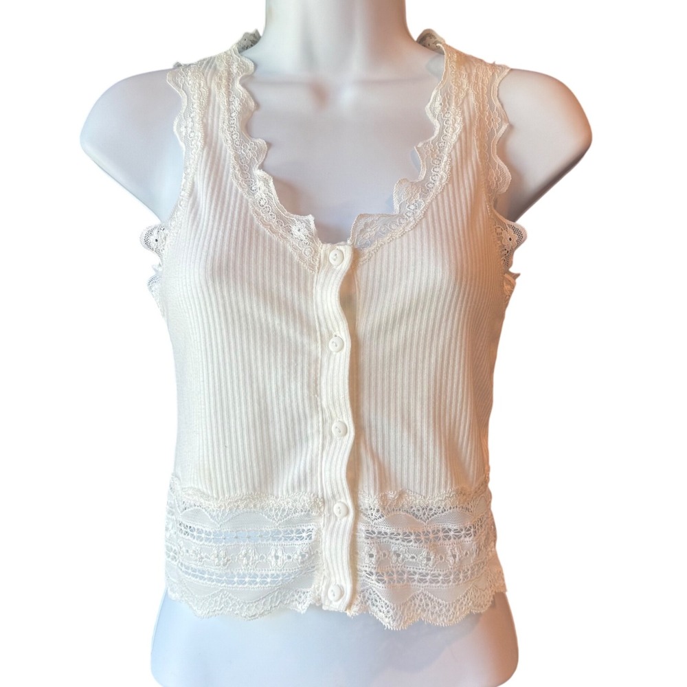 Caution To The‎ Wind Ivory Ribbed Tank Top Lace Trim Button Front Sleeveless - S